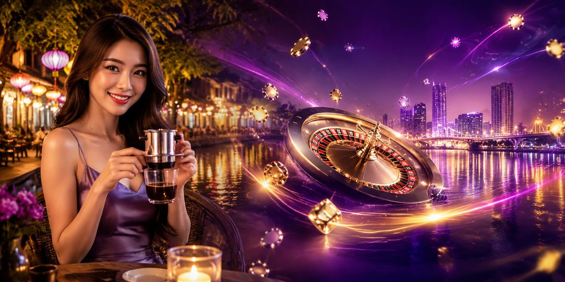 Người chơi kích hoạt voucher casino trên điện thoại tại quán cà phê Hội An