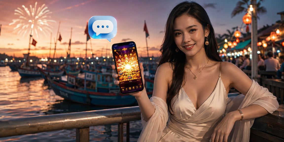 Giao diện slot game trên điện thoại với phông nền bãi biển Mũi Né